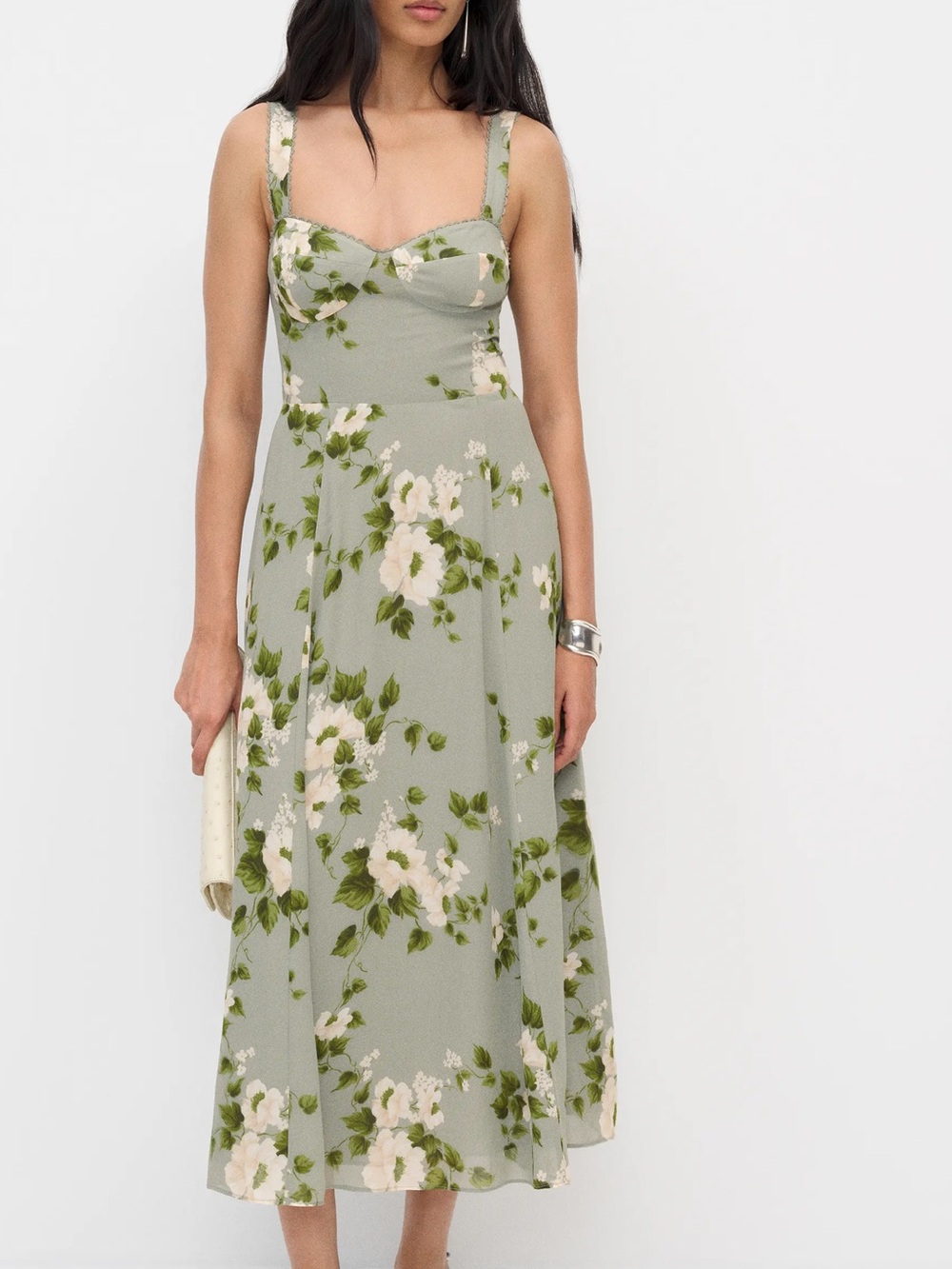 Reformation Floral Sage Green Midi Dress with Sweetheart Neckline